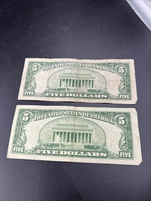 2 Note Lot 1934 1953 $5 Five Dollar Silver Certificate Fancy Serial #s G / VG