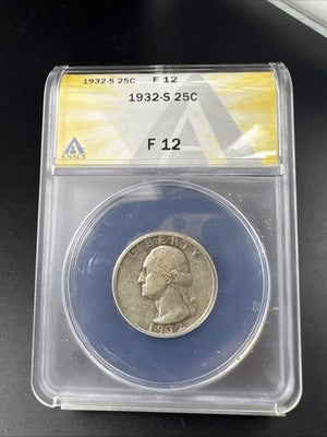 1932 S 25c Washington Silver Quarter Coin ANACS F12 Fine Key Date #702