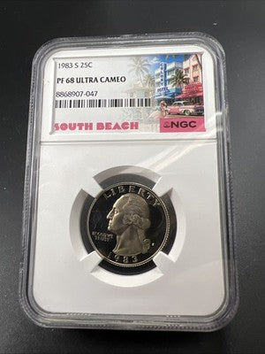 1983 S 25c Washington Clad Proof Quarter Coin PF68 UCAM #47 NGC South Beach Slab