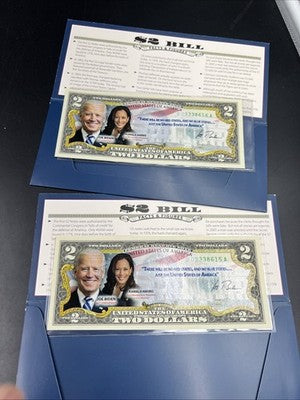 2 Consecutive 2017 $2 FRN Biden Harris Presidential Colorized UNC Two Dollars #5