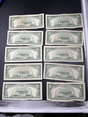 Lot of 10 1963 $5 USN United States Red Seal Five Dollar Notes VG / Fine #115