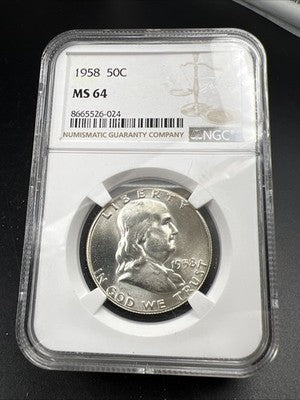 1958 P 50c Franklin Silver Half Dollar Coin CH BU MS64 NGC Certified #024