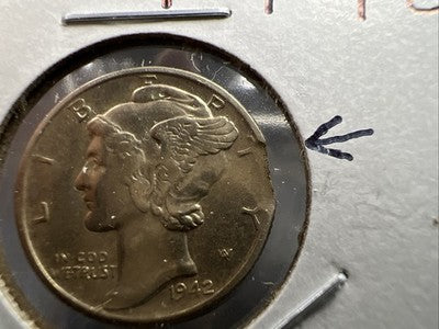 1942 P 10c Mercury Dime Coin Clipped Planchet Error AU
