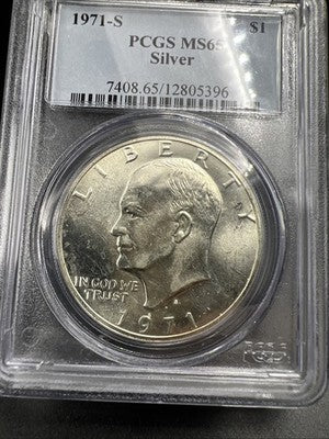 PCGS Certified Gem BU 1971 S $1 Ike Eisenhower 40% Silver Dollar Coin MS65 Toned
