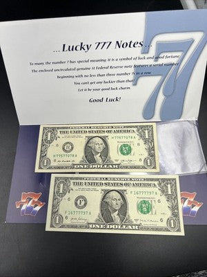 Lot of Two Lucky 7s $1 Dollar Bills 2013 VF 2017 A FRN Federal Reserve Note Circ
