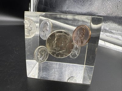 Coin Cube 1964 5 Coin UNC Set w/ Silver 50c 10c 25c In Clear Plastic Paperweight