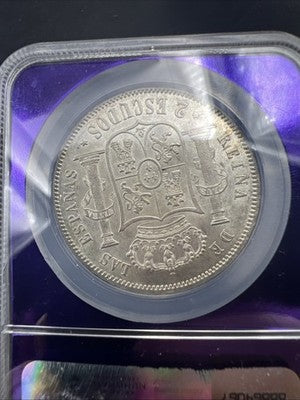 1867 Madrid Spain 2 Escudos Silver Coin NGC AU58 Choice AU Certified