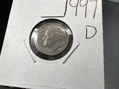 Off Center Broadstrike 1997 D 10c Roosevelt Dime Coin XF EF Extra Fine Circ