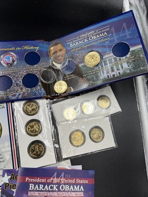 Lot of 13 Barack Obama Colorized US UNC Coins in displays w/ 9 Liberia Stamps