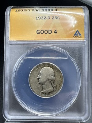 1932 D 25c Washington Silver Quarter Coin ANACS G4 Good Certified