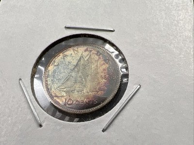1965 Canada 10 Cents Silver Coin Nice Toning Toner Uncirculated