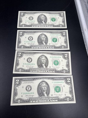 Lot of 4 2017 A $2 FRN Federal Reserve Notes UNC Uncirculated #448