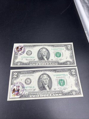 2 Consecutive 1976 $2 Bicentennial Postal Two Dollar Bill Chicago Ridge IL UNC A