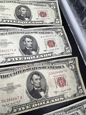 Lot of 9 1963 1953 $5 Five Dollar USN United States Notes Well Circulated #79