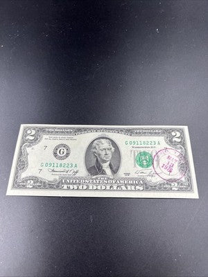1976 $2 Two Dollar Bicentennial Bill Brookyln NY Postmarked (no Stamp) UNC #223