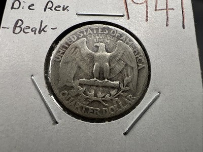 1941 25c Washington Silver Quarter Coin DDR Double Die Reverse AG #B