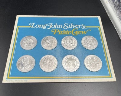 Long John Silver's Pirate Crew 8 Medallion Token Set UNC in Display Card SK#B