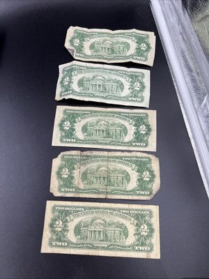 Lot of 5 1963 1953 $2 Two Dollar Red Seal USN Notes Very Circulated Damage #52