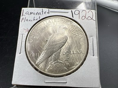 1922 P $1 Peace Silver Dollar Coin Laminated Planchet Error CH AU About UNC
