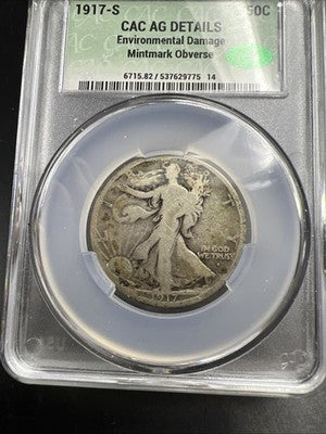 1917 S Obverse MM 50c Walking Liberty Silver Half Dollar Coin CAC AG Details