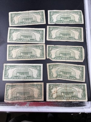 $5 Bill collector's Lot 10 US Bills - 5 USN Red Seals & 5 Silver Certificates