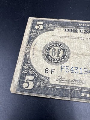 1914 $5 Five Dollars Federal Reserve Note Atlanta White Mellon FR-867 Very Circ