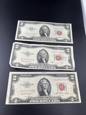 3 Note Lot 1953 $2 Red Seal USN Note Lot Interesting Bills VG / Fine #733