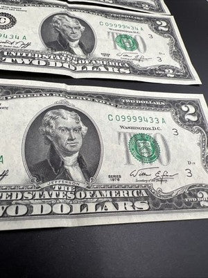 3 Consecutive 1976 $2 Bicentennial Two Dollar Bills VF Fancy Serial #09999433