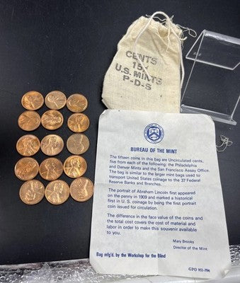 5 Sets of 1973 P D S 1c in Cloth Bag - 15 BU UNC Lincoln Memorial cent coins S#B