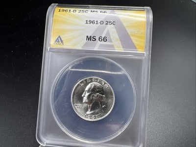 1961 D 25C Washington Quarter Silver Coin ANACS MS66 Gem BU #44