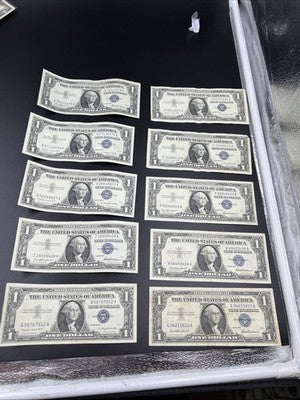 Lot of 10 1957 $1 Dollar Silver Certificate Blue Seal Notes Very Fine VF Circ #2