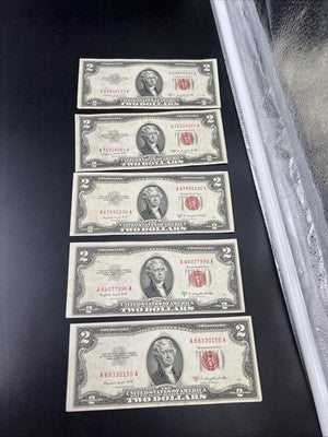 Lot of 5 1953 B $2 USN United States Notes CH VF Very Fine Circ #155