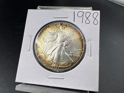 1988 1 Oz ASE American Silver Eagle Coin Gem BU UNC Halo Toning Toner SK#a