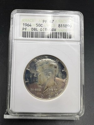 1964 50c Kennedy Silver Half Dollar Coin Double Die Obverse DDO 009 ANACS PF67