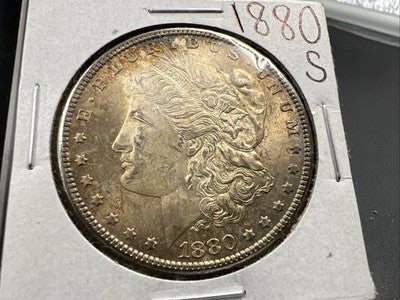 1880 S $1 Morgan Silver Dollar Coin BU Unc Nice Amber Toning Toner