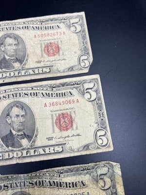 $5 Bill Collector's Lot 2 1963 $5 USN & 2 1953 $5 Silver Certificates Very Circ