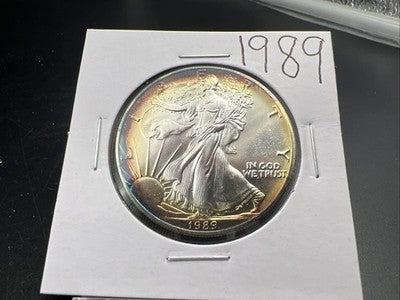 1989 1 Oz ASE American Silver Eagle Coin Gem BU Neat Toning Toner Obverse #26b