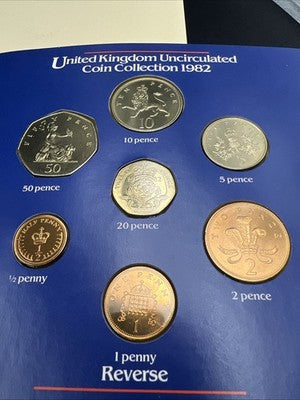 1982 United Kingdom Uncirculated Mint 7 coin Set Used Packaging