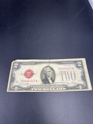 1928 G $2 Two Dollar Legal Tender United States Red Seal Note Very Circ #027