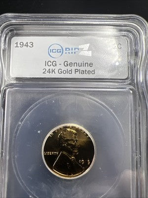1943 1c Lincoln Steel Wheat Cent Penny Coin ICG 24K Plated