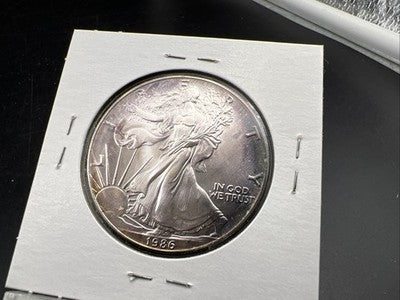 1986 1 Oz ASE American Silver Eagle Coin Gem BU UNC PQ Blue Toning Toner REV