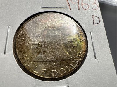 1963 D Franklin Half Dollar Silver Coin Choice BU UNC Neat Toning Reverse #B