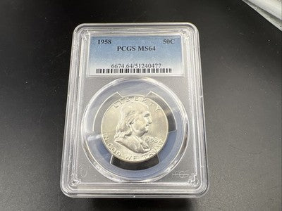 1958 P 50c Franklin Silver Half Dollar Coin PCGS MS64 CH BU Reverse Toner #77