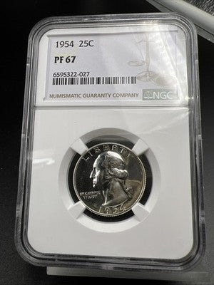1954 P 25c Washington Silver Quarter Coin PF67 Gem Proof Certified #027 NGC