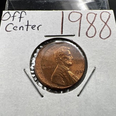 1988 1c Lincoln Memorial Cent Penny Broadstrike 10% Off Center BU UNC TonedSKU#N