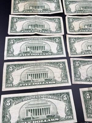 Lot of 10 1963 $5 USN United States Red Seal Five Dollar Notes VG / Fine #115