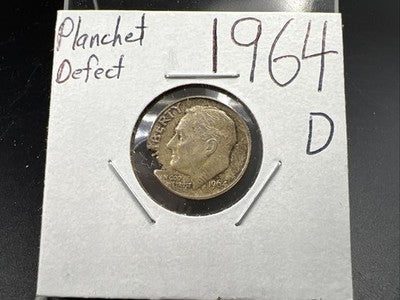 1964 D 10c Roosevelt Silver Dime Coin Major Planchet Defect XF / AU Circ