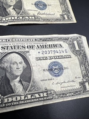 Lot of 2 1935 F H * Star US Silver Certificate One Dollar Bills VG / Fine #14