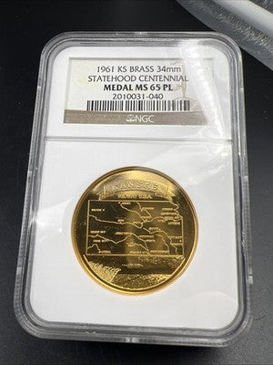 1961 Kansas Centennial Brass Medal MS65 PL Proof Like NGC Certified