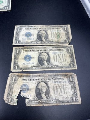 Lot of 3 Very Circ Damaged 1928 $1 Dollar Silver Certificate Funny back Notes